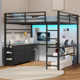 Loft Bed Full Size with U-Shaped Desk, 6 Storage Drawers, Power Outlet, LED Metal Loft Bed with 2 Storage Shelves,, Customized