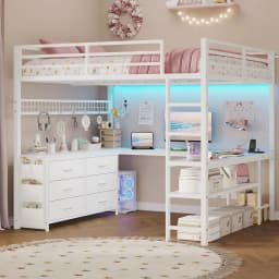 Loft Bed Full Size with U-Shaped Desk, 6 Storage Drawers, Power Outlet, LED Metal Loft Bed with 2 Storage Shelves,, Customized
