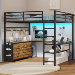 Loft Bed Full Size with U-Shaped Desk, 6 Storage Drawers, Power Outlet, LED Metal Loft Bed with 2 Storage Shelves,, Customized