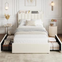 Twin Bed Frame with Storage Headboard Kids Bed Frame with 2 Drawers, Boucle Upholstered Platform Bed with Bookcase Easy Assembly