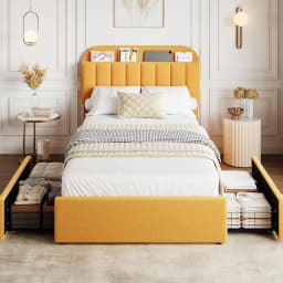 Twin Bed Frame with Storage Headboard Kids Bed Frame with 2 Drawers, Boucle Upholstered Platform Bed with Bookcase Easy Assembly