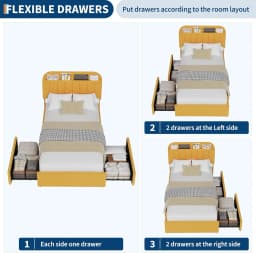 Twin Bed Frame with Storage Headboard Kids Bed Frame with 2 Drawers, Boucle Upholstered Platform Bed with Bookcase Easy Assembly