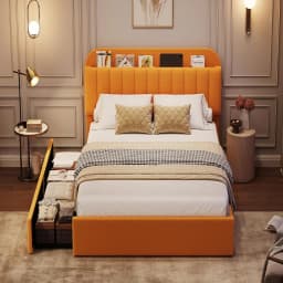 Twin Bed Frame with Storage Headboard Kids Bed Frame with 2 Drawers, Boucle Upholstered Platform Bed with Bookcase Easy Assembly