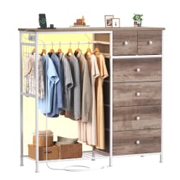 JHK 6 Drawer Fabric Dresser with Hanging Rack for Living Room Closet Storage Organizer with Charging Station and LED Lights for Home Entryway