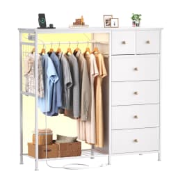 JHK 6 Drawer Fabric Dresser with Hanging Rack for Living Room Closet Storage Organizer with Charging Station and LED Lights for Home Entryway