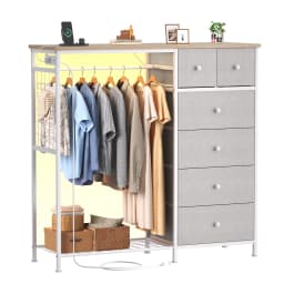 JHK 6 Drawer Fabric Dresser with Hanging Rack for Living Room Closet Storage Organizer with Charging Station and LED Lights for Home Entryway