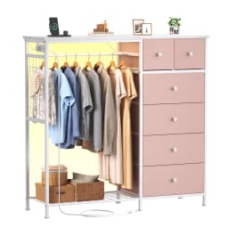 JHK 6 Drawer Fabric Dresser with Hanging Rack for Living Room Closet Storage Organizer with Charging Station and LED Lights for Home Entryway
