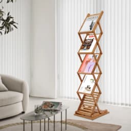5-Tier Bamboo Magazine Rack Foldable, Portable Lightweight Floor Standing Display Holder for Office Bookstore, Storage Organizer