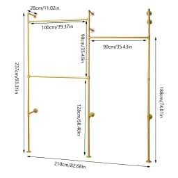 Gold 3-Tier Clothing Rack Wall Mounted Industrial Pipe Garment Rack Heavy Duty Metal Garment Frame for Home Clothing Store Hotel