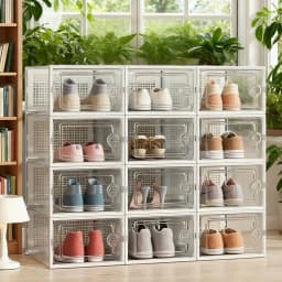 6/12/24 piece transparent plastic stackable shoe storage box for multi-purpose, foldable shoe rack with lid
