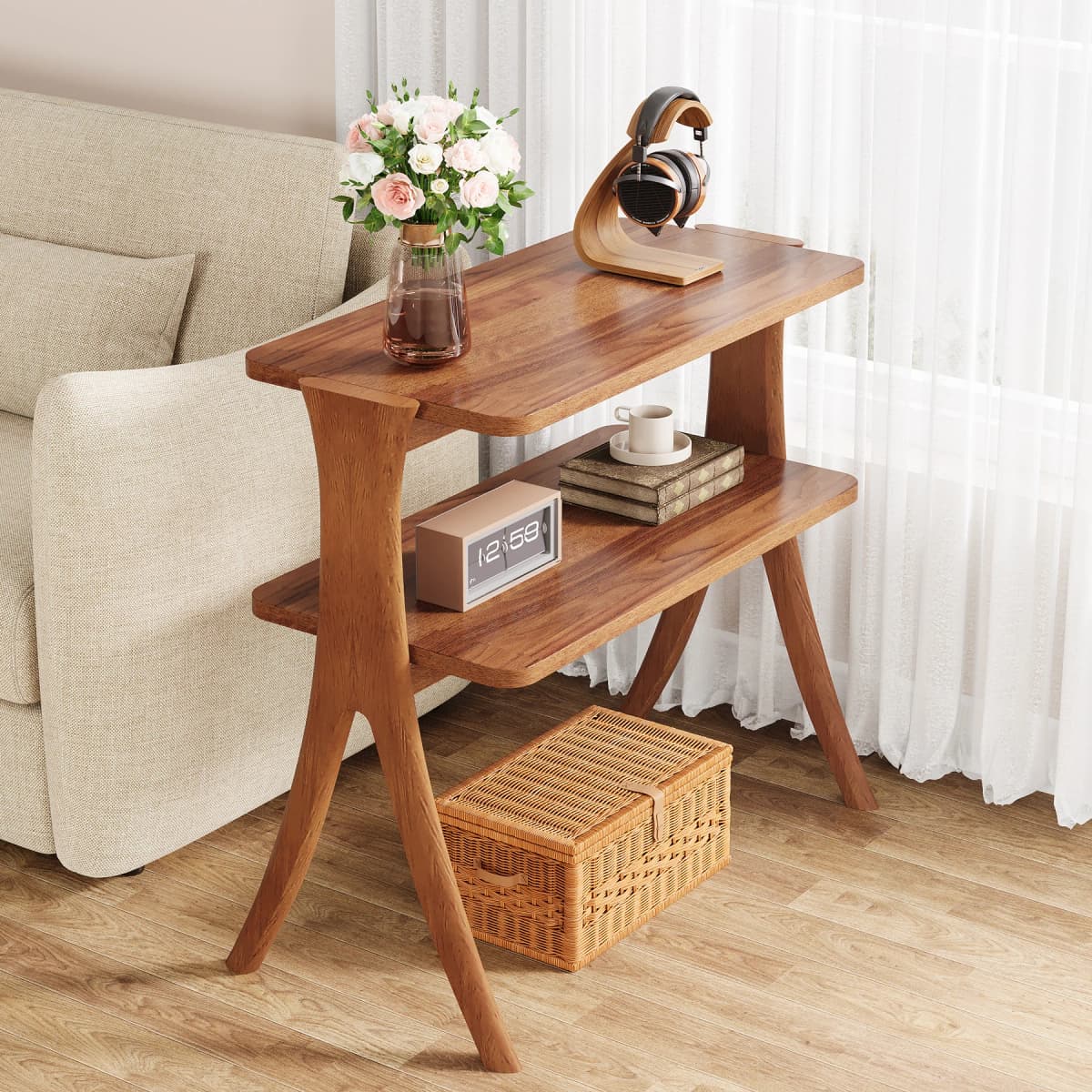 Tribesigns Walnut Side Table for Living Room, Narrow End Table with 2-Tier Storage Shelf and Solid Wood Legs, Slim Bedside Table