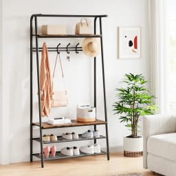 Coat Rack Shoe Bench, 4-in-1 Hall Trees Entryway Bench with Coat Rack and Shoe Rack, Steel Frame Storage Shelf and Hanging Bar