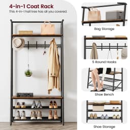 Coat Rack Shoe Bench, 4-in-1 Hall Trees Entryway Bench with Coat Rack and Shoe Rack, Steel Frame Storage Shelf and Hanging Bar
