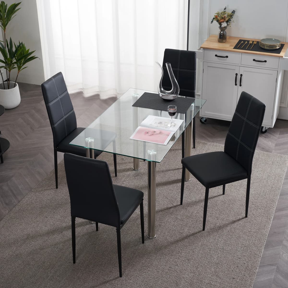 L Super Stable 4-Pieces Black Dining Chairs Texture High Backrest Dining Chairs For Dining Room