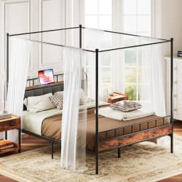LIKIMIO Canopy Bed Frame Queen, Storage Headboard with Charging Station, Platform Bed with 4 Removable Sturdy Posts, Noise Free