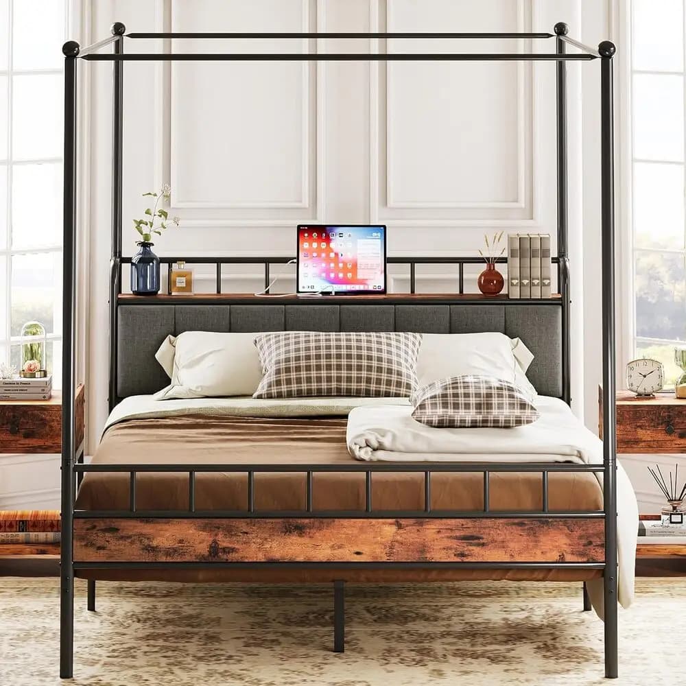 LIKIMIO Canopy Bed Frame Queen, Storage Headboard with Charging Station, Platform Bed with 4 Removable Sturdy Posts, Noise Free