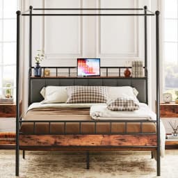 LIKIMIO Canopy Bed Frame Queen, Storage Headboard with Charging Station, Platform Bed with 4 Removable Sturdy Posts, Noise Free