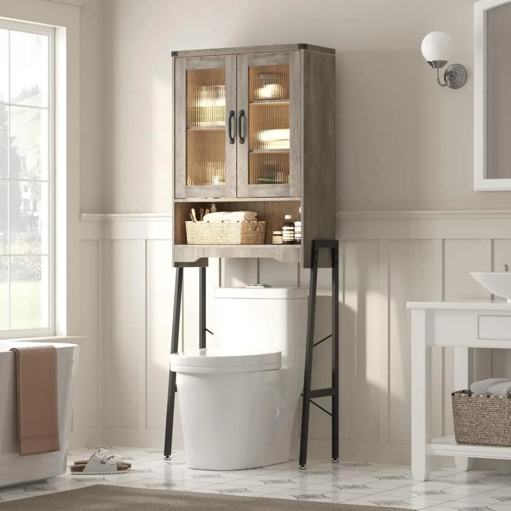 space-saving metal stand bathroom organizer with tempered glass door storage cabinet and adjustable shelves