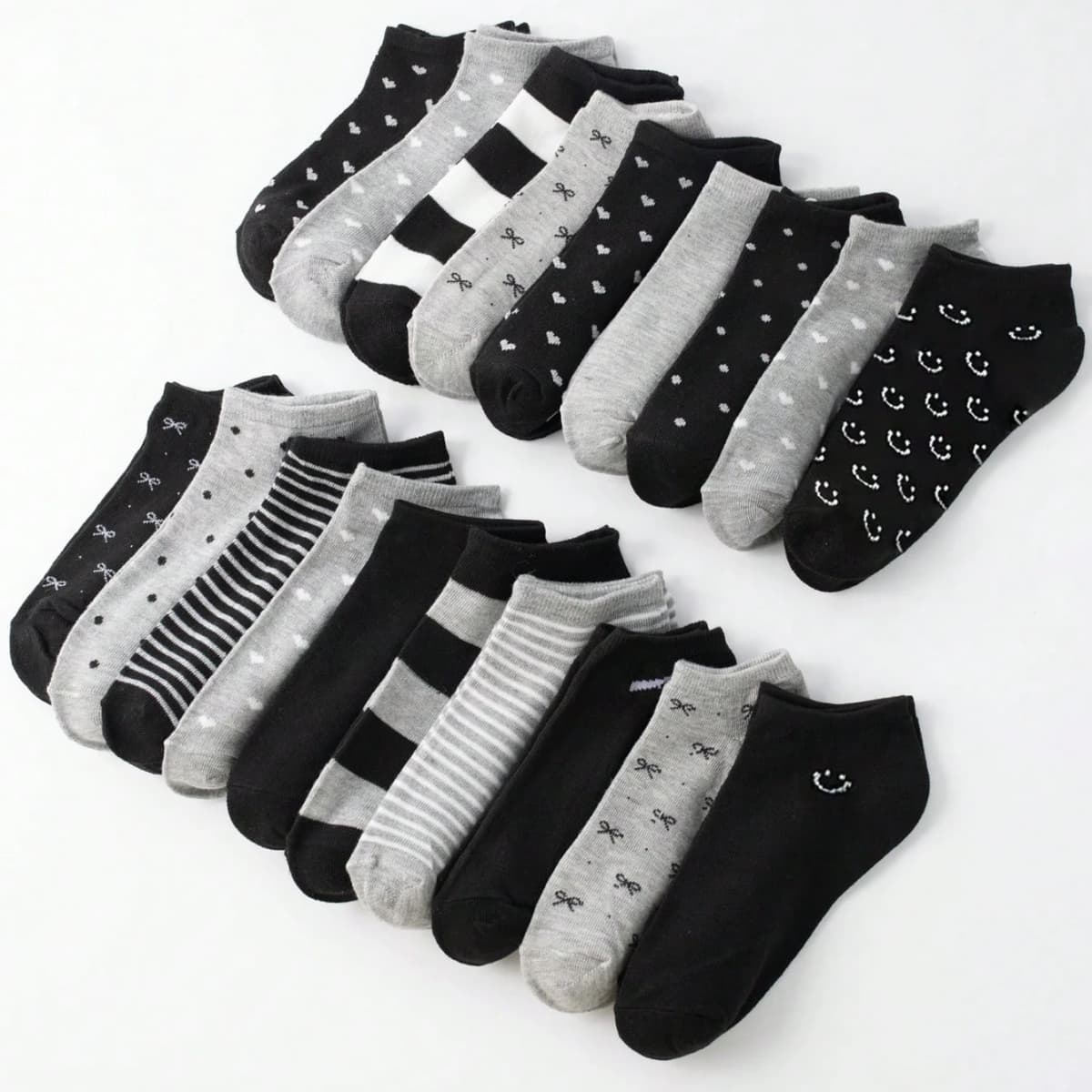 20 Pairs Women/Men Family Matching Short Socks, Black & Grey Series With Bow, Heart, Stripe