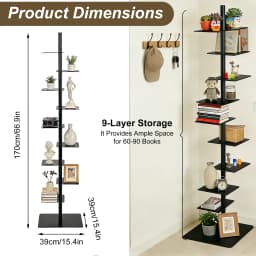 9 Tier Metal Bookshelf Vertical Spine Bookshelf, Black 360 Display Organizer, Adjustable Tall Book Tower for Bedroom Living
