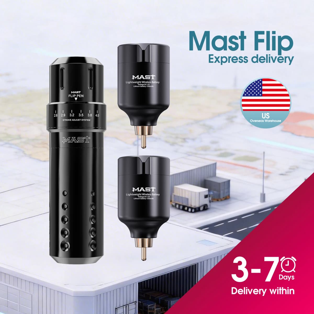 Mast Flip Complete Tattoo Kit Wireless Tattoo Machine with 7 Strokes 2.6-4.0mm 2 Batteries for Beginner Tattoo Kit