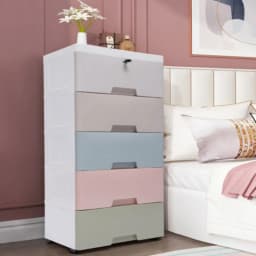 5-Drawer Plastic Storage Cabinet, Dust Proof Lockable Mobile Organizer with Removable Wheels for Garage Workshop Bathroom Closet