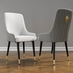 Modern PU Leather Set of 2 Dining Chairs with Metal Legs High Tufted Back Lion Head Pull Ring