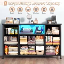 EnHomee 8-Drawer Media Dresser with LED Lighting & Built-in Charging Station - Fabric Storage Cabinet for 55" TVs, Ideal for Bedroom