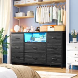 EnHomee 8-Drawer Media Dresser with LED Lighting & Built-in Charging Station - Fabric Storage Cabinet for 55" TVs, Ideal for Bedroom