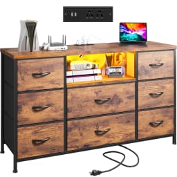 EnHomee 8-Drawer Media Dresser with LED Lighting & Built-in Charging Station - Fabric Storage Cabinet for 55" TVs, Ideal for Bedroom