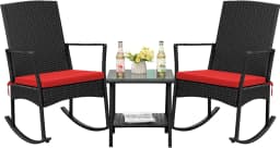 Flamaker Rocking Chair Outdoor PE Rattan Patio Chairs Glass Table High Back Porch Rocker for Balcony Garden Backyard (Beige)