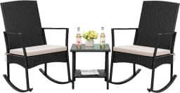 Flamaker Rocking Chair Outdoor PE Rattan Patio Chairs Glass Table High Back Porch Rocker for Balcony Garden Backyard (Beige)