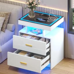 Black Night Stand Set 2 Modern Bedside Tables with Wireless Charging 3 Drawers Glass Top Smart Customized End Side Table