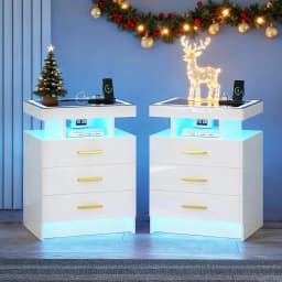 Black Night Stand Set 2 Modern Bedside Tables with Wireless Charging 3 Drawers Glass Top Smart Customized End Side Table