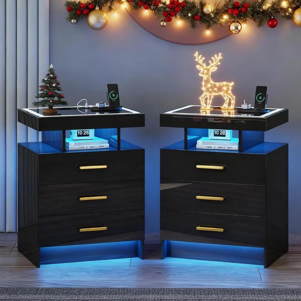Black Night Stand Set 2 Modern Bedside Tables with Wireless Charging 3 Drawers Glass Top Smart Customized End Side Table