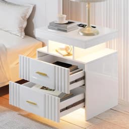 Black Night Stand Set 2 Modern Bedside Tables with Wireless Charging 3 Drawers Glass Top Smart Customized End Side Table