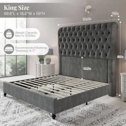 King Size Bed Frame with 59 Tall Upholstered Headboard, Luxury Velvet Bed with Handcrafted Deep-Tufted Design