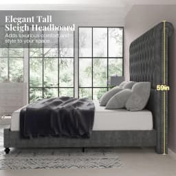 King Size Bed Frame with 59 Tall Upholstered Headboard, Luxury Velvet Bed with Handcrafted Deep-Tufted Design