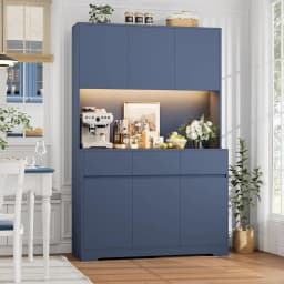 71" Blue Tall Kitchen Pantry Cabinet with LED Lights, Power Outlets & Microwave Storage Hutch