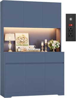 71" Blue Tall Kitchen Pantry Cabinet with LED Lights, Power Outlets & Microwave Storage Hutch