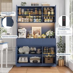71" Blue Tall Kitchen Pantry Cabinet with LED Lights, Power Outlets & Microwave Storage Hutch