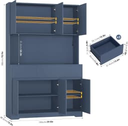 71" Blue Tall Kitchen Pantry Cabinet with LED Lights, Power Outlets & Microwave Storage Hutch