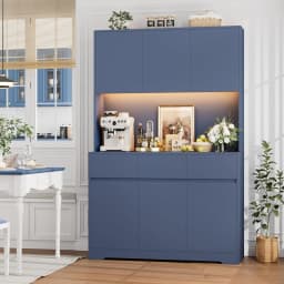 71" Blue Tall Kitchen Pantry Cabinet with LED Lights, Power Outlets & Microwave Storage Hutch