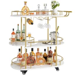 3-Tier Rolling Bar Cart with Wine Rack & Glass Holder, Metal Serving Cart on Wheels with Storage Shelves for Kitchen, Dining Room & Living Room, 87 x 40 x 94cm, Gold
