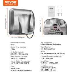 SucceBuy Heavy Duty Commercial Hand Dryer 1400W Automatic High Speed Warm Wind Hand Blower Built-In Filter Sponge for Home