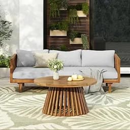 Outdoor Acacia Wood Conversation Set, 3-Seat Loveseat Sofa w/Coushion and Round Coffee Table for Backyard, Patio Furniture, Tea