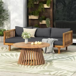Outdoor Acacia Wood Conversation Set, 3-Seat Loveseat Sofa w/Coushion and Round Coffee Table for Backyard, Patio Furniture, Tea