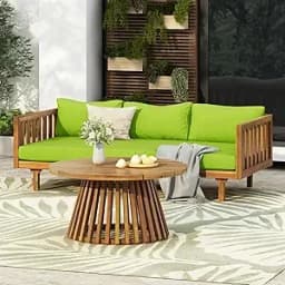 Outdoor Acacia Wood Conversation Set, 3-Seat Loveseat Sofa w/Coushion and Round Coffee Table for Backyard, Patio Furniture, Tea