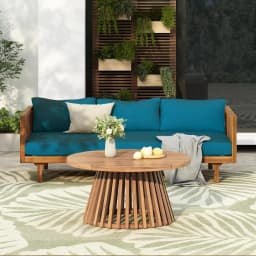 Outdoor Acacia Wood Conversation Set, 3-Seat Loveseat Sofa w/Coushion and Round Coffee Table for Backyard, Patio Furniture, Tea
