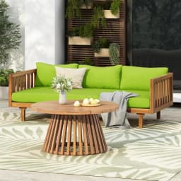 Outdoor Acacia Wood Conversation Set, 3-Seat Loveseat Sofa w/Coushion and Round Coffee Table for Backyard, Patio Furniture, Tea
